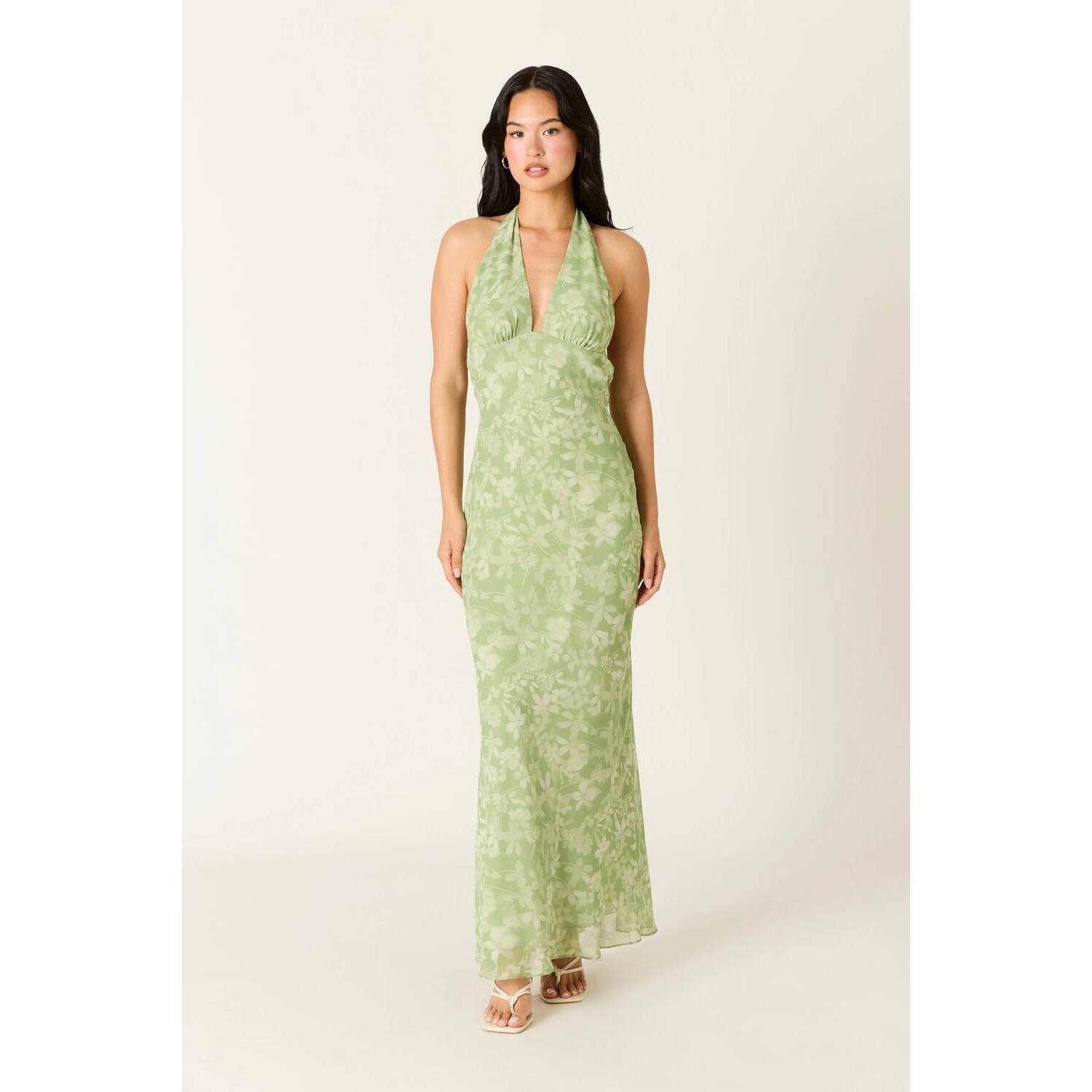 New Cotton Candy La Colleen Halter Bias Cut Floral Maxi Formal Dress In Matcha